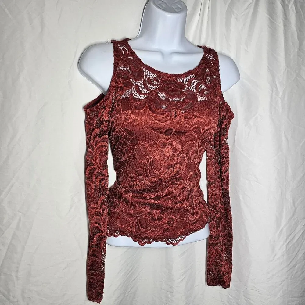 Papaya sienna orange lace cold shoulder top